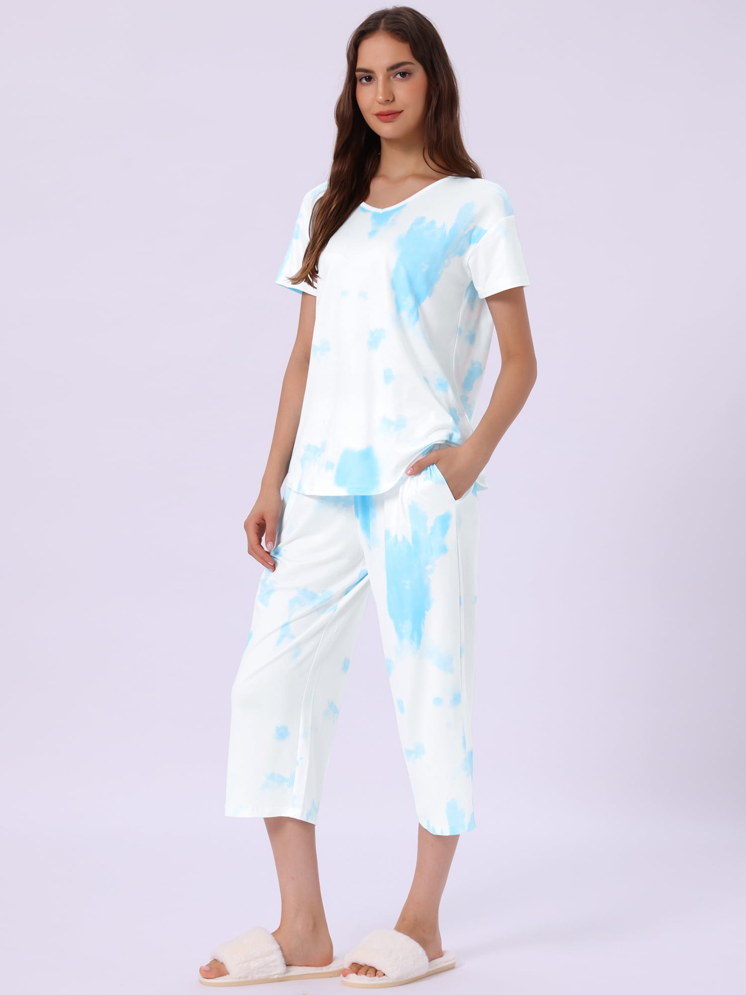 DARING DIVA Women's Short Sleeve Tie Dye Capri Pants with Pockets Loungewear M Blue White