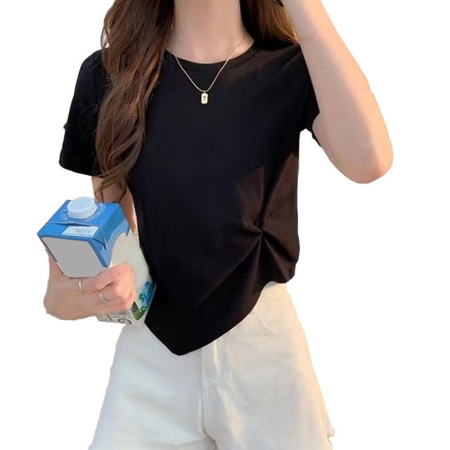 Camisa corta con cuello redondo para mujer,Camisa torcida para mujer,Camiseta corta para mujer,Top irregular para mujer,Valor inmejorable