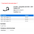 thumbnail image 2 of Air Filter - Compatible with 2003 - 2007 Cadillac CTS 2004 2005 2006, 2 of 2