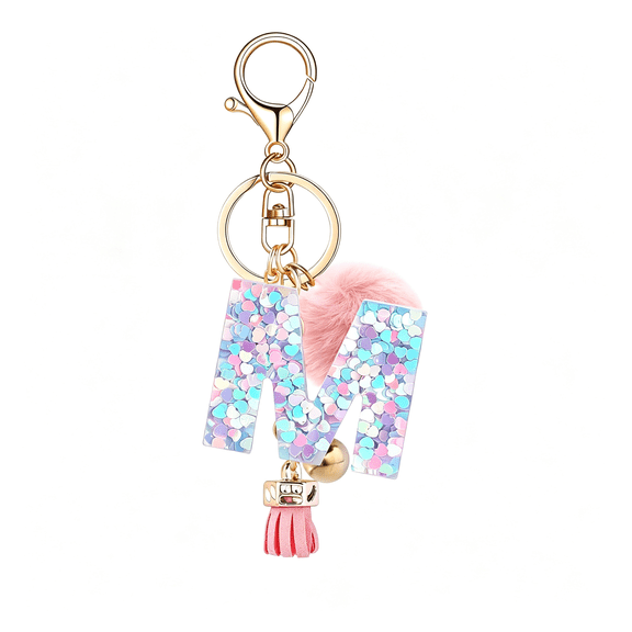 DESIGNICE Resin Alphabet Initial Letter Keychain Keyring for Women Purse Handbags with Fur Ball Pom Fluffy Cute&Personalized Versatile M Keychain