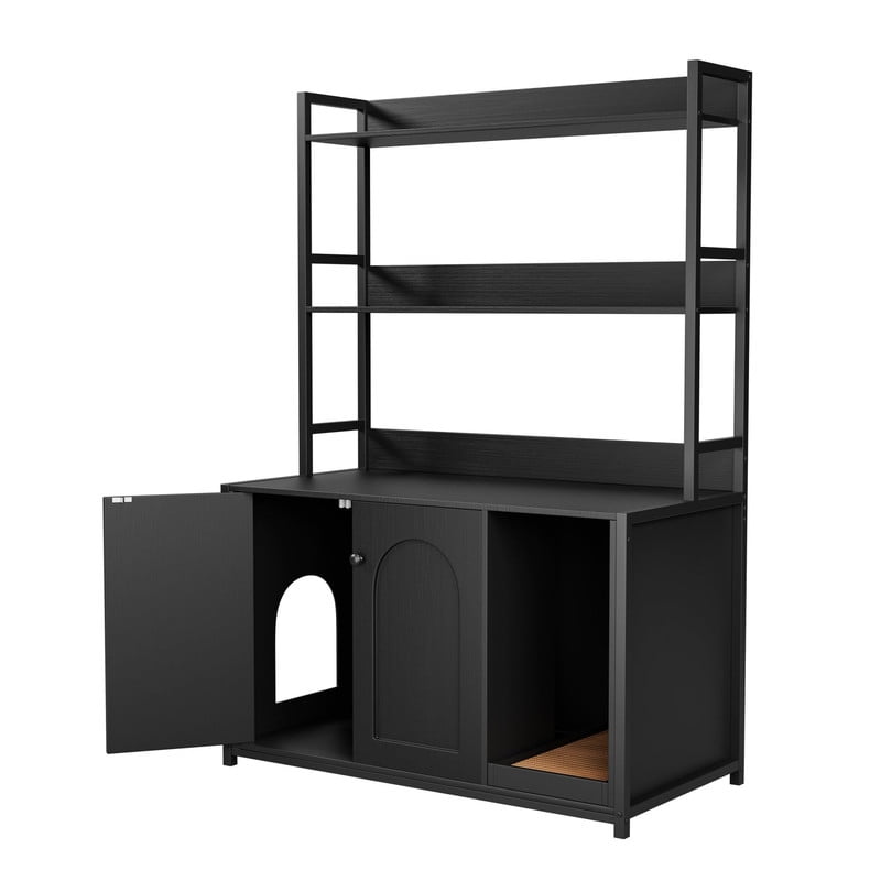 TROPOW 52" Large Cat Litter Box Enclosure Furniture with Shelves, Wood Grain Hidden Cabinet for Most Litter Boxes, Dog-Proof Kitty Litter Cabinet with Scratch Mat, Modern Pet Furniture