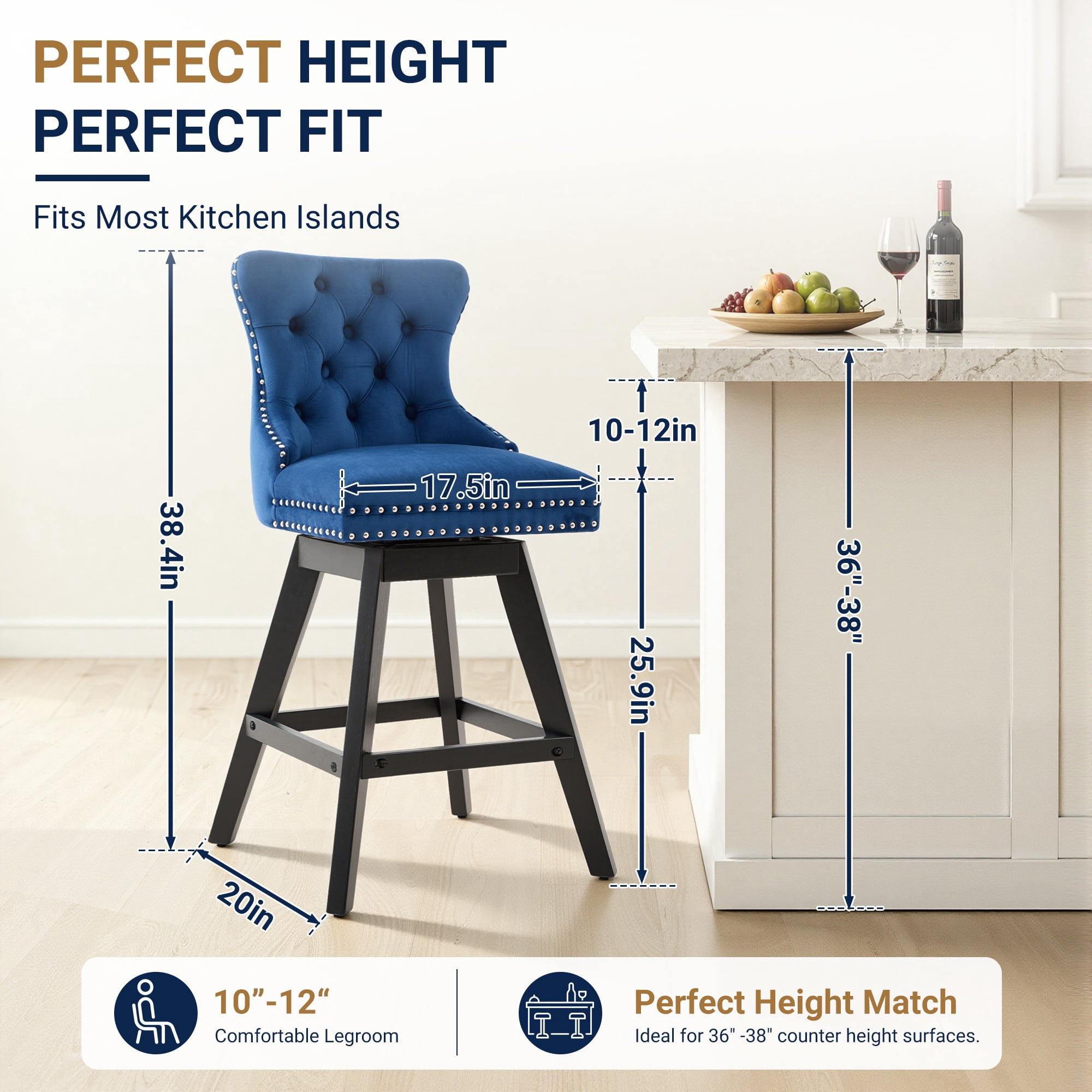 Swivel Bar Stools Set of 4, 26" Counter Height Bar Stools with Back, Farmhouse Velvet Barstools for 34–38" Kitchen Island, Blue (Set of 4)