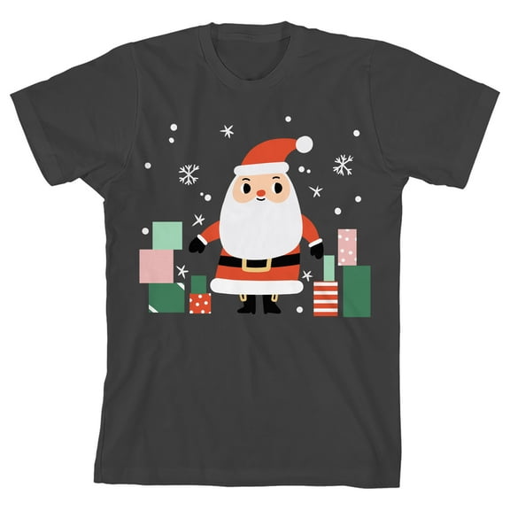 Cartoon Santa Claus With Presents and Snow Youth Girl's Charcoal Short Sleeve Crew Neck Tee-Medium