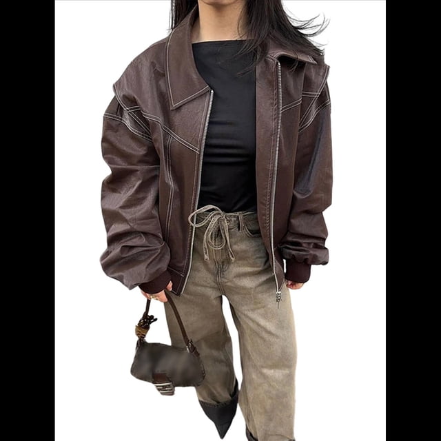 Chaqueta de Motociclista de Piel Sintética para Mujer, Abrigo de Invierno Extragrande con Cremallera, Ropa de Abrigo de Otoño. Color Café L