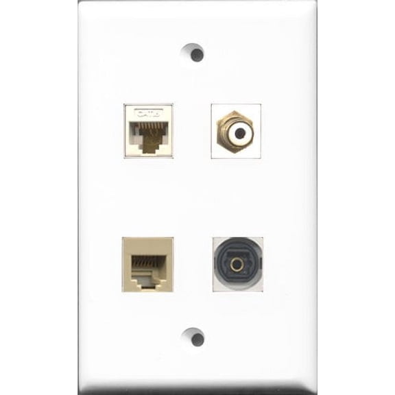 RiteAV 1 Port RCA White and 1 Port Phone RJ11 RJ12 Beige and 1 Port Toslink and 1 Port Cat6 Ethernet White Wall Plate