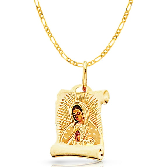 14K Yellow Gold Our Lady of Guadalupe Enamel Picture Charm Pendant with 2mm Figaro 3+1 Chain Necklace - 16"
