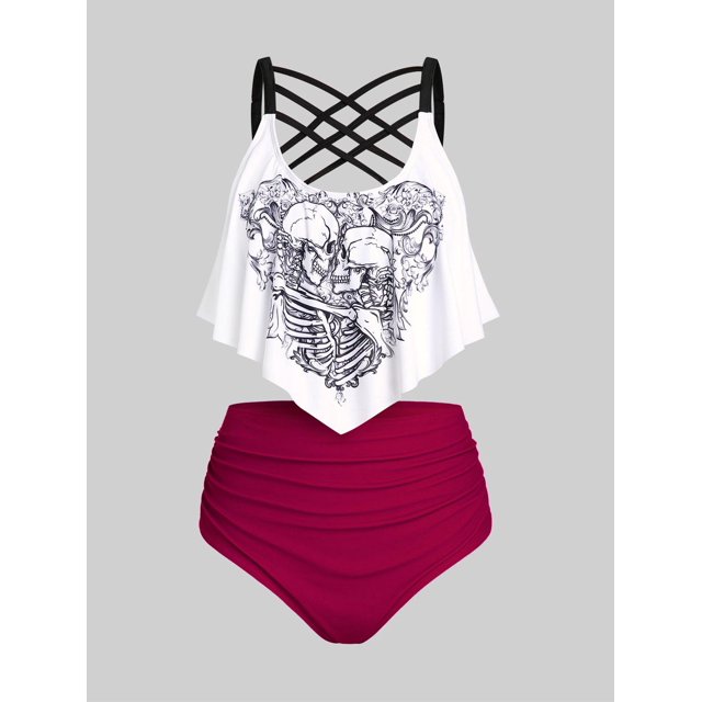 Tankini de Talla Grande con Volantes con Estampado de Esqueleto Rosegal Leggings de talla grande