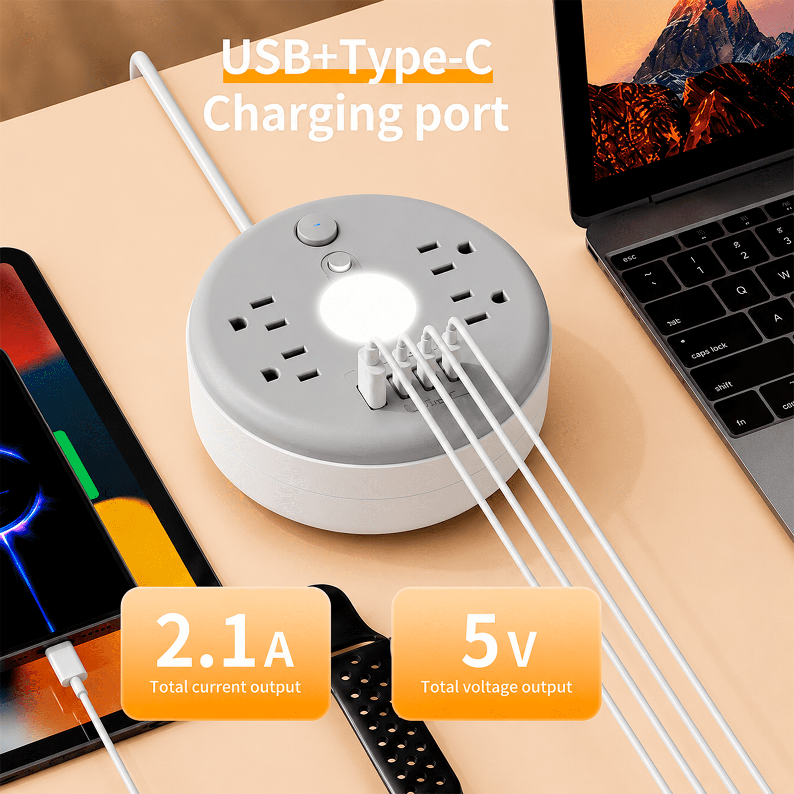 Extendable Power Socket Extender with 2.8m Retractable Cord, 4 AC Outlets, USB-A and USB-C Ports for Bedside, Desk, Sofa