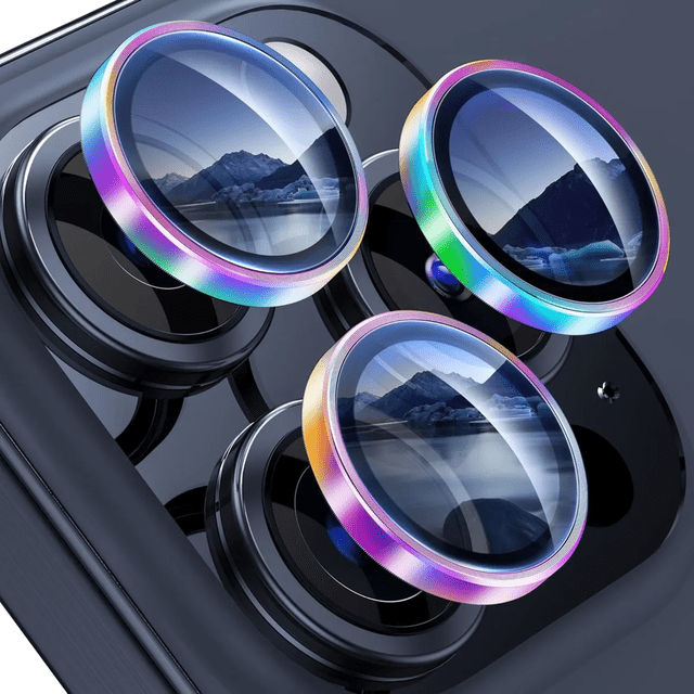 Mica Aros Cámara Tornasol Para iPhone 15Pro/15ProMax, Protector de Lente Mica (Aros) compatible con iPhone 15Pro/15ProMax - Vidrio Templado y Borde Tornasol.
