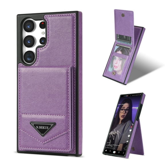 Allytech Wallet Case for Samsung Galaxy S23 Ultra, Luxury PU Leather Kickstand Card Slots Magnetic Buckle RFID Blocking Shockproof Anti-Scratch Protective Case for Women Men - Purple