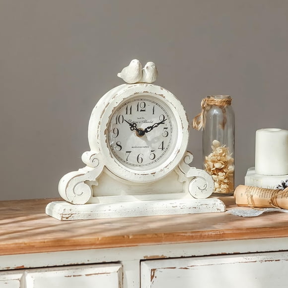 NIKKY HOME Vintage Mantel Table Clock with 2 Birds, Silent Non-Ticking Battery Operated Desk Shelf Rustic Wooden Clock for Living