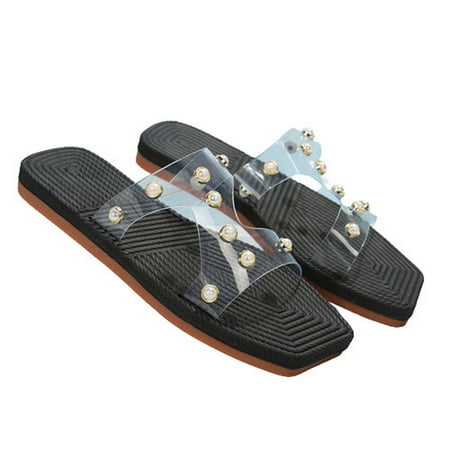 

2023 Summer Savings! WJSXC Womens Sandals Clearance Womens Summer Fashion Slippers Pearl Decorate Square-head Design Sandals Black 9