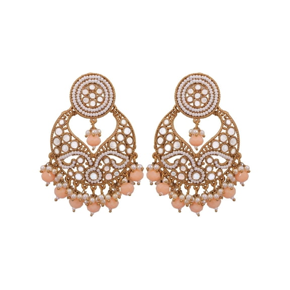 Crunchy Fashion Bollywood Jewellery Traditional Ethnic Bridal Bride Wedding Bridesmaid Gold-Plated Concentric Texture Stone Design Peach Pearl Dangler Earrings