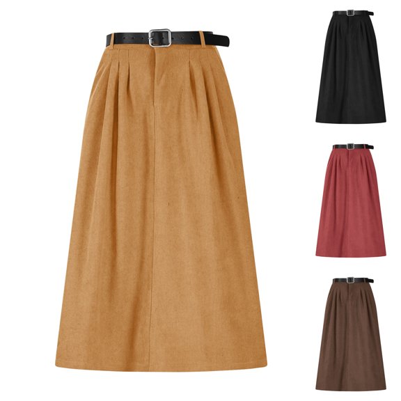 Paiwinds Women's High Waist Corduroy A-Line Long Skirt with Belt Solid Casual Flowy Skirt for Work and Everyday Temperament