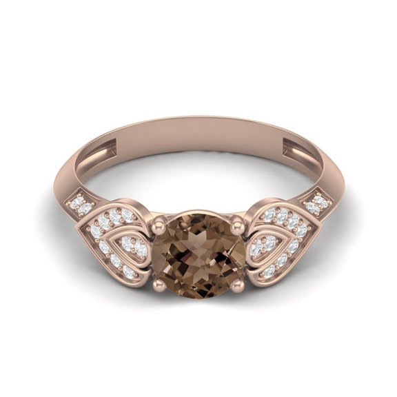 Mooneye 1.11 Ctw Round Smoky Quartz 925 Sterling Silver Rose Vermeil Vine Leaf Women Gifts Ring