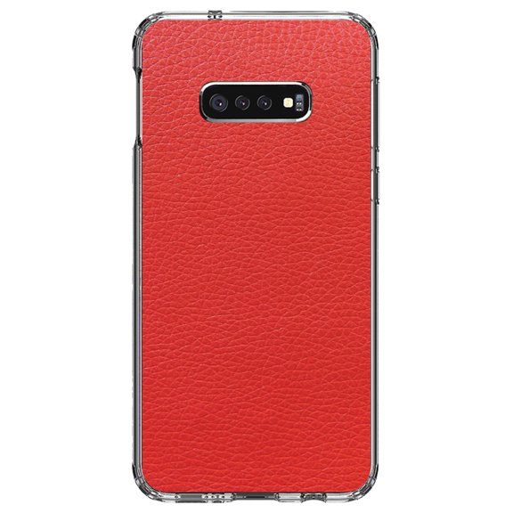 DistinctInk Clear Shockproof Hybrid Case for Samsung Galaxy S10e (5.8" Screen) - TPU Bumper, Acrylic Back, Tempered Glass Screen Protector - Red Faux Leather Print Design - Printed Faux Leather Image