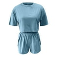thumbnail image 4 of Scyoekwg Two Piece Outfits for Women Summer Solid Color Trendy Short Sleeve Round Neck Tops Shorts Tracksuit Casual Sweatsuits Sets Loose Matching Sets (Blue,S), 4 of 7