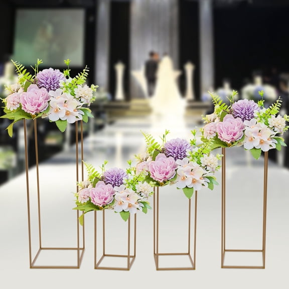 4 Pcs Metal Flower Floor Vase, Floral Decor Vase Floor Column Stand, Gold Wedding Flower Stand Rectangular Flower Display Rack for Home Party Wedding Decorations