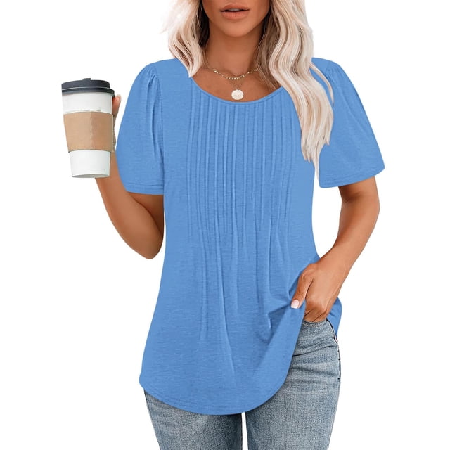 Offres de la Semaine Cagogo Blouses à Manches Courtes pour Femmes Liquidation d'Été à Moins de 10 $ Chic Décontracté Hauts à devant Plissé Col Rond T-Shirt de Base de Printemps Blouse Cadeaux de la Fête des Mères