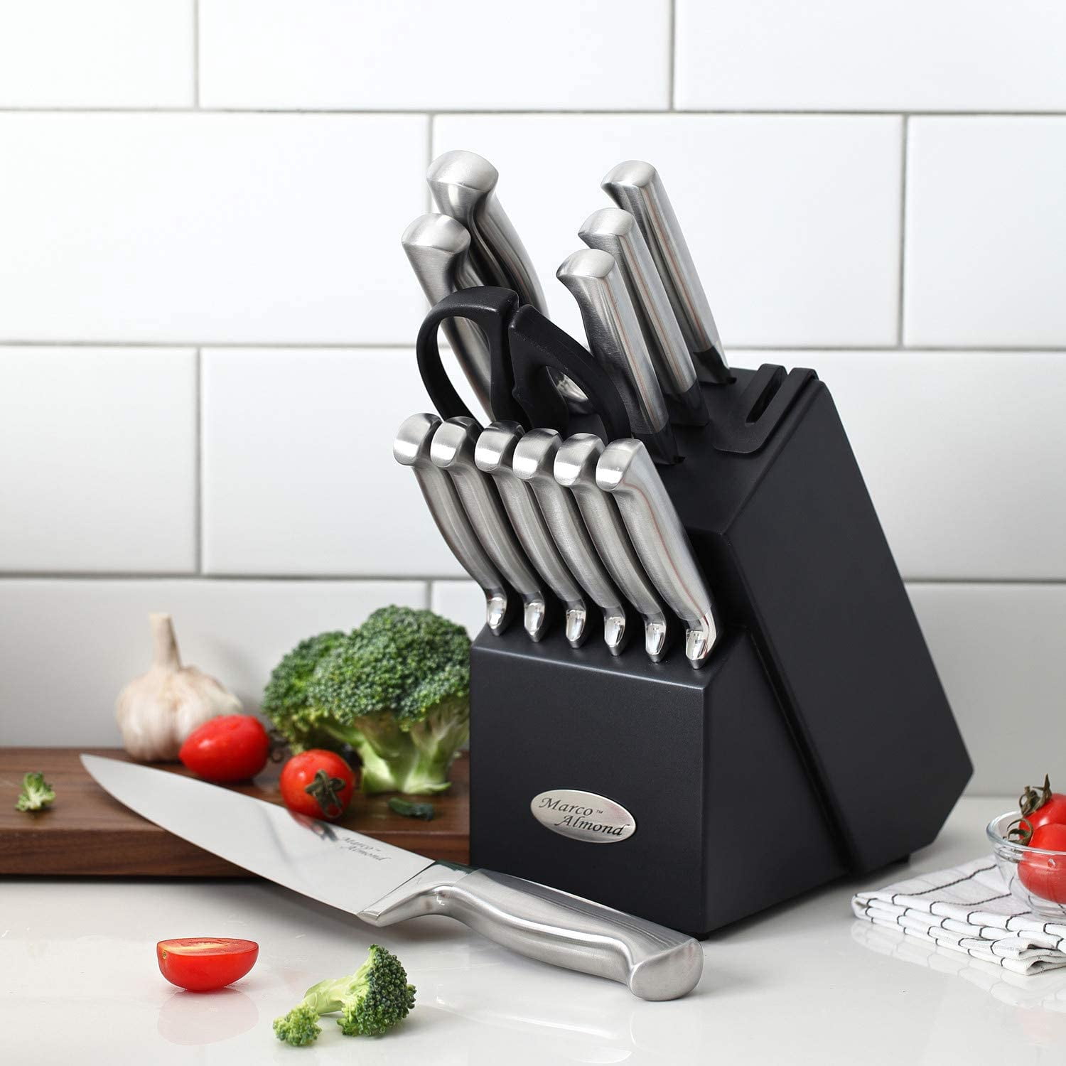 Marco Almond KYA28 14-Piece Stainless Steel Cutlery Kitchen Knife Set with Block,Built-in Sharpener