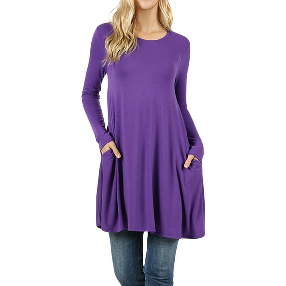 Women Round Neck Long or 3/4 Sleeve Flattering Comfy Swing Tunic Loose Fit Flowy Dress Top
