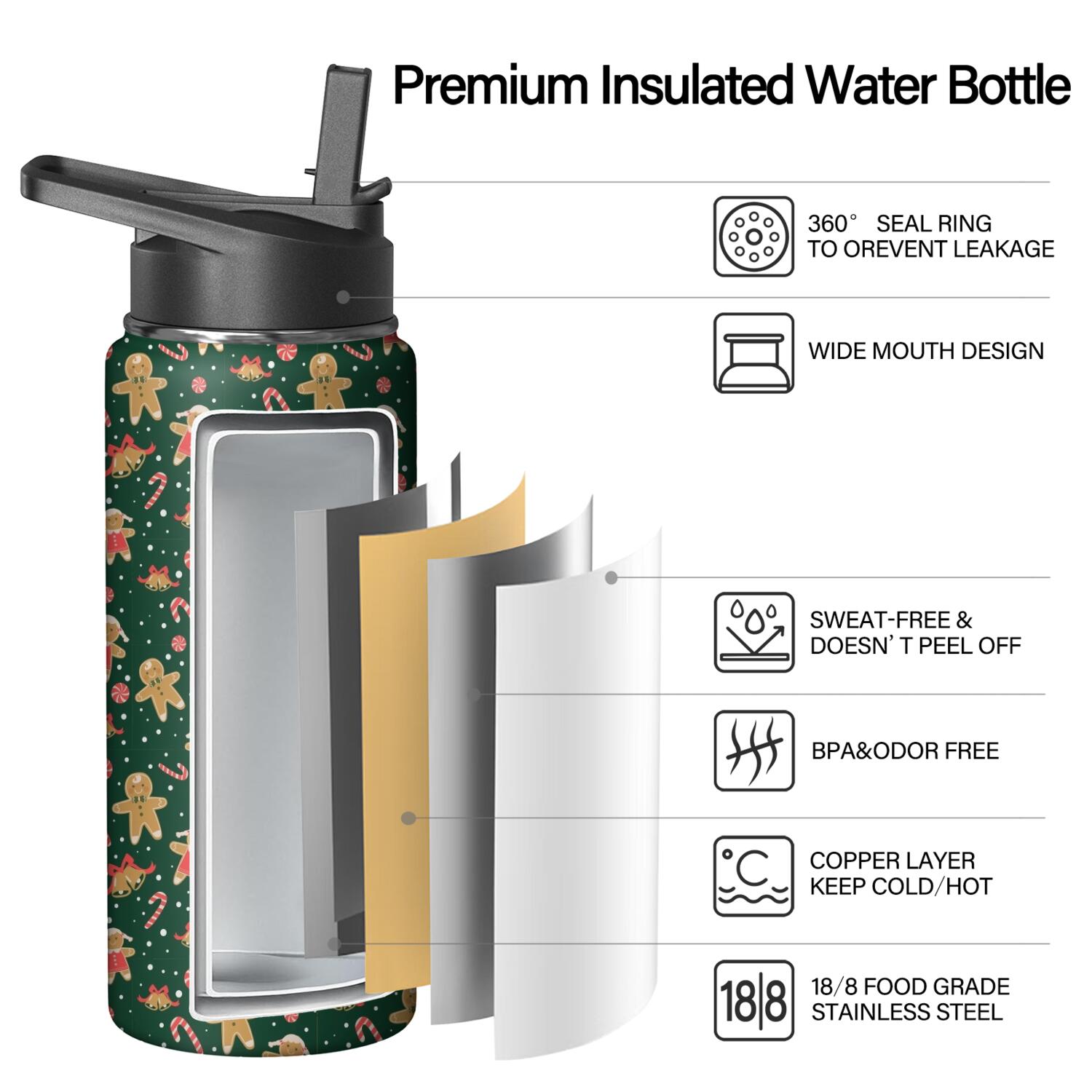 Christmas 18 oz Insulated Stainless Steel Water Bottle with Straw & Cleaning Brush , Leakproof, BPA-Free, 304 Stainless Steel, Wide Mouth, Travel Mug for Car, Gym, Office