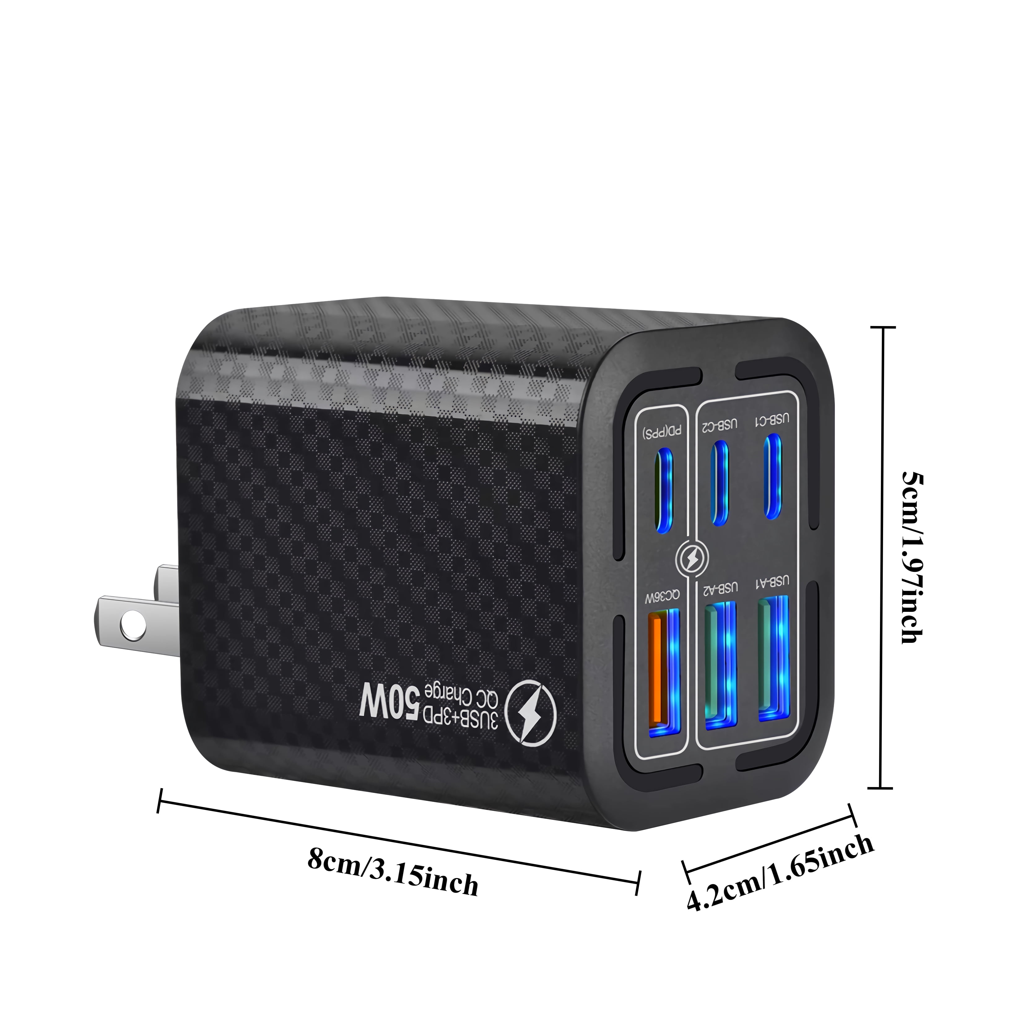 FOBIANJIE-50W USB-C and USB-A wall charger, Type-C charger, six-port cube design power adapter, multi-port plug, white/black/yellow – compatible with iPhone, iPad, AirPods, Samsung Galaxy, Note, Pixe