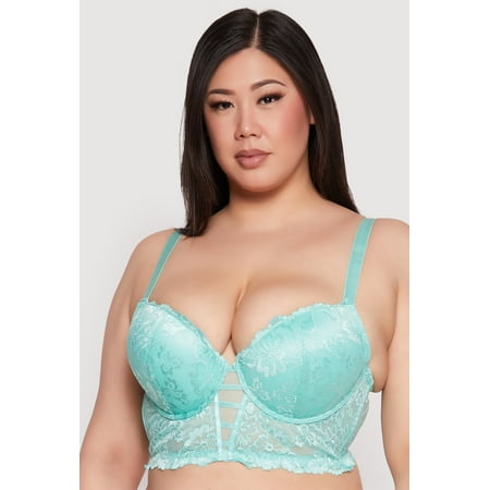 Womens Plus Size Floral Lace Caged Plunge Longline Bra