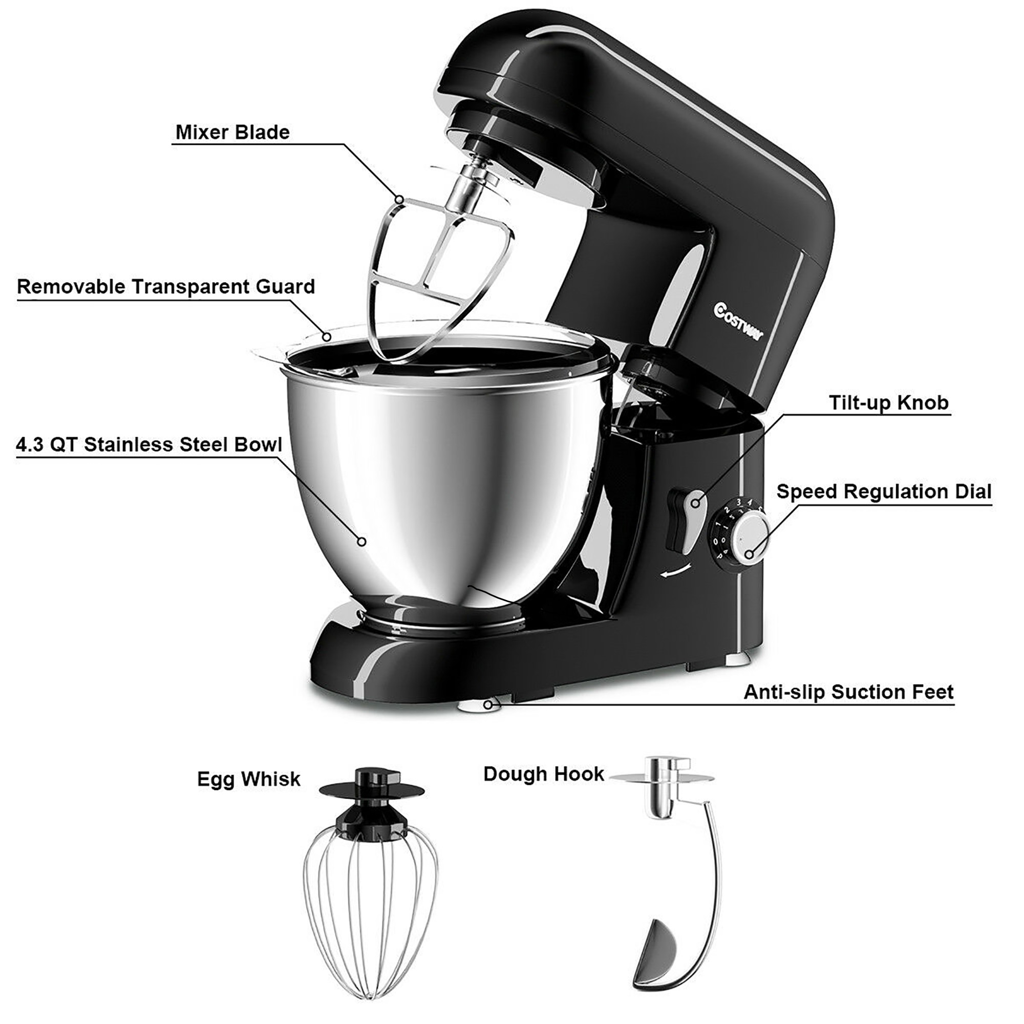 Costway Electric Food Stand Mixer 6 Speed 4.3Qt 550W Tilt-Head Stainless Steel Bowl New - image 4 of 9