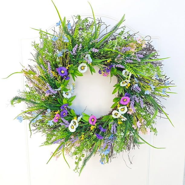 Guirnaldas Corona de primavera Simulación de flores silvestres Corona de primavera y verano Decoración para el hogar y el patio una corona