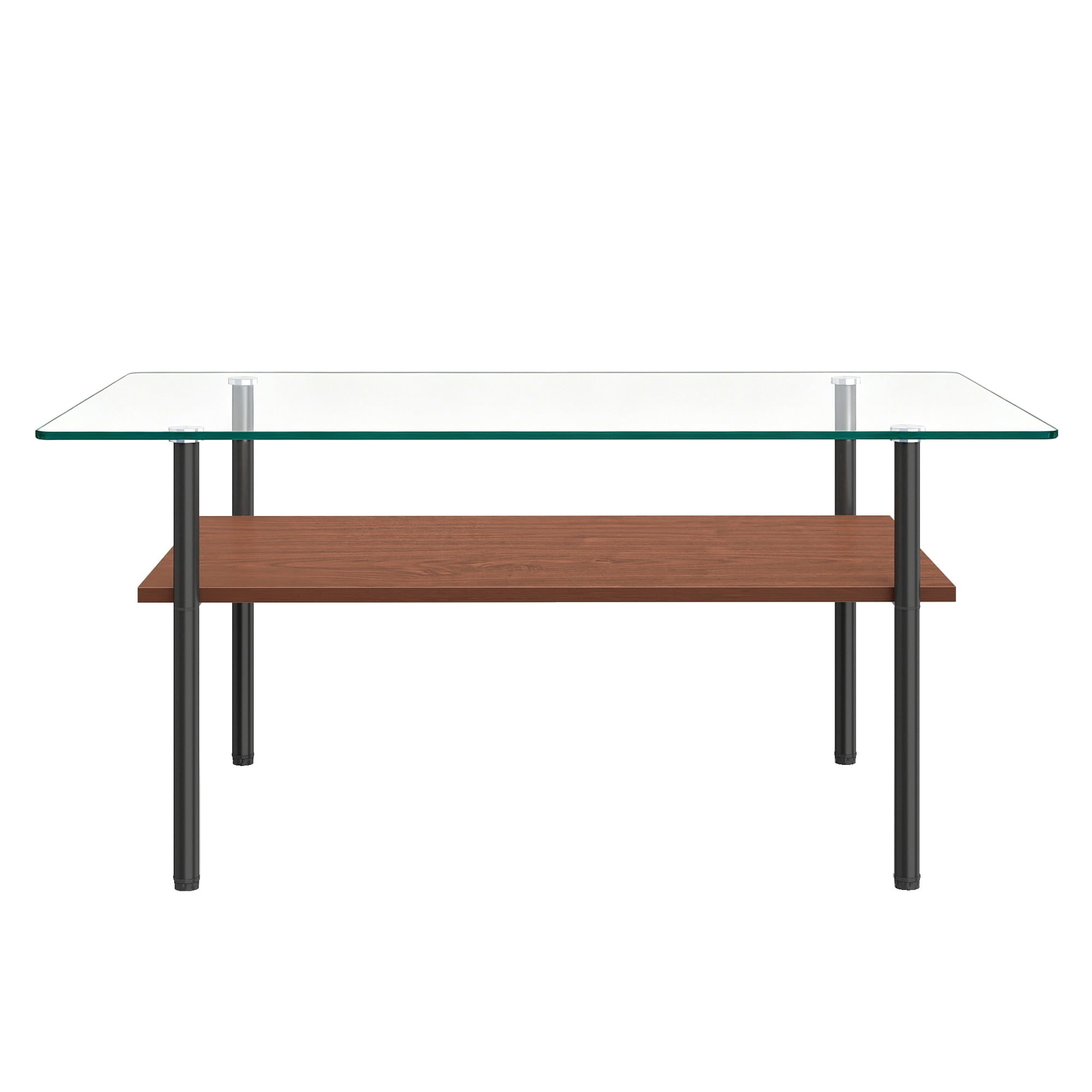 Modern Rectangular Glass Coffee Table with Tempered Glass Top and Wood Shelf, 38.6-Inch Center Table for Living Room, Transparent