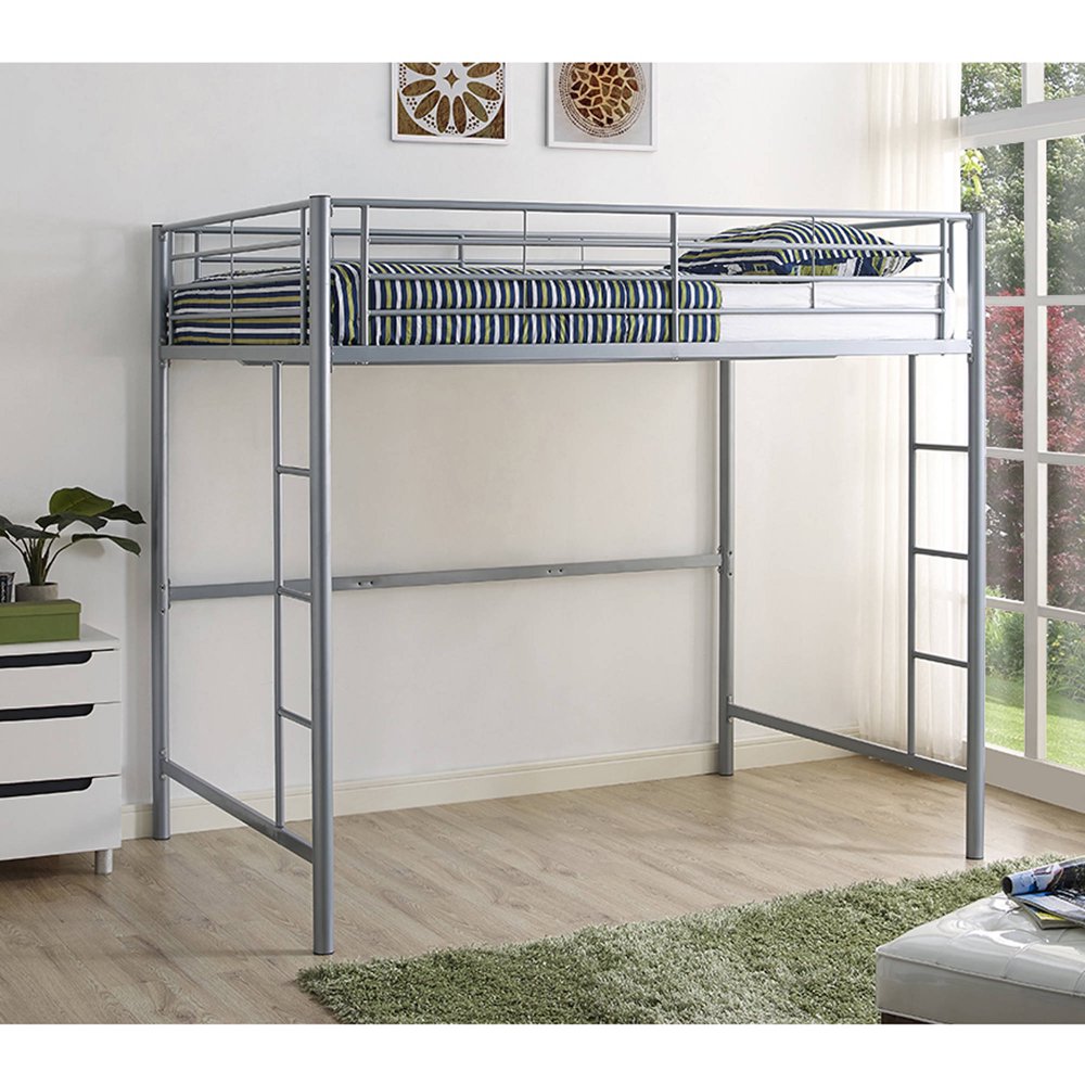 Walker Edison Full Size Premium Metal Loft Bed Silver