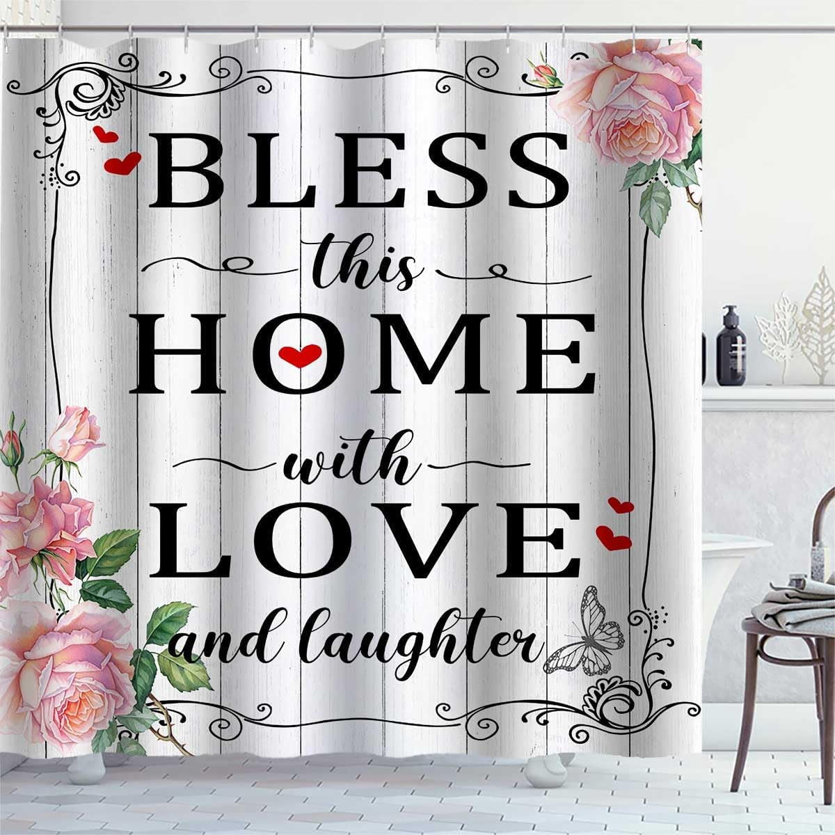 Pink Rose Shower Curtain, Inspirational Quotes Butterfly Spring Flower Rustic Farmhouse Romantic Valentine''s Day Bathroom Decor, Waterproof Polyester White Fabric Shower Curtain, 72 X 72 Inch