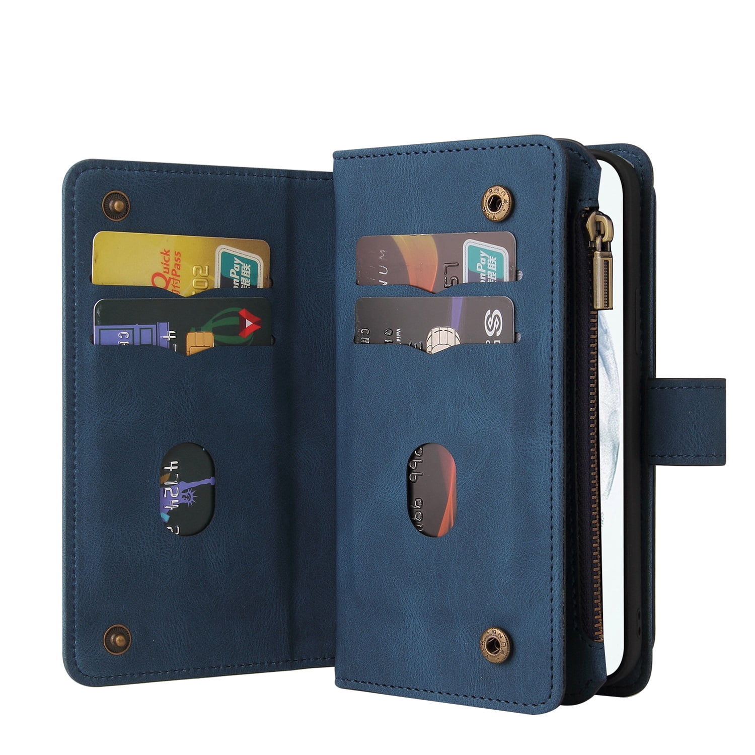 Phone Case for Samsung Galaxy S22 Ultra, S22 Ultra Wallet Case, Luxury Folio Flip Leather Cover [Zipper Pocket] [Wrist Strap] [Kickstand] for Samsung Galaxy S22 Ultra, Blue