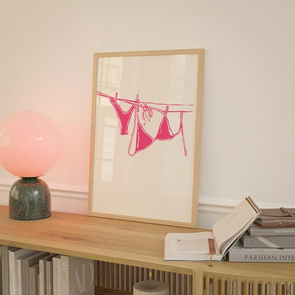 Pink Bikini On Clothesline Print, College Apartment Decor, Coastal Beachy Dorm Room Posters, Trendy Beach House Wall Art, Girly Aesthetic Wall Art, Modern Wall Decor, 8x12 UNFRAMED