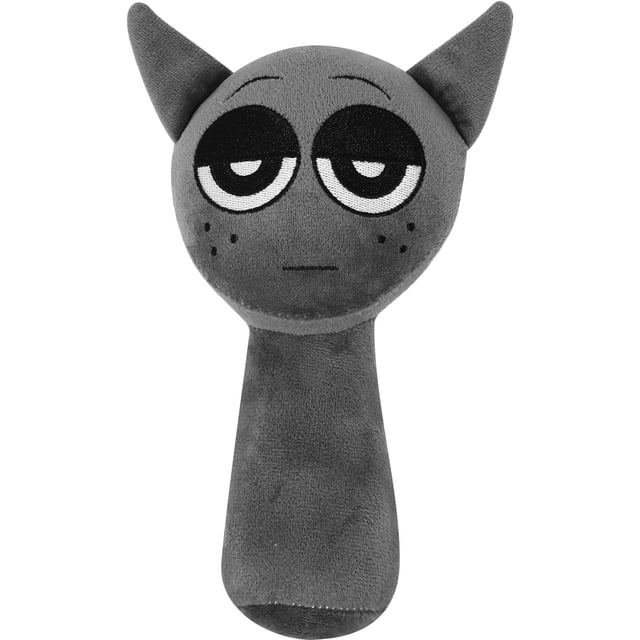 peluche sprunki, un simpático animal de peluche inspirado en un personaje de un juego gris, vista frontal centrada de cuerpo entero con orejas puntiagudas y cuello alargado, textura de felpa suave visible, dimensiones 1 x 1 x 1 in (2.39 oz), adecuado para 3 años en adelante; peluche para niños ideal para viajes y pijamadas.