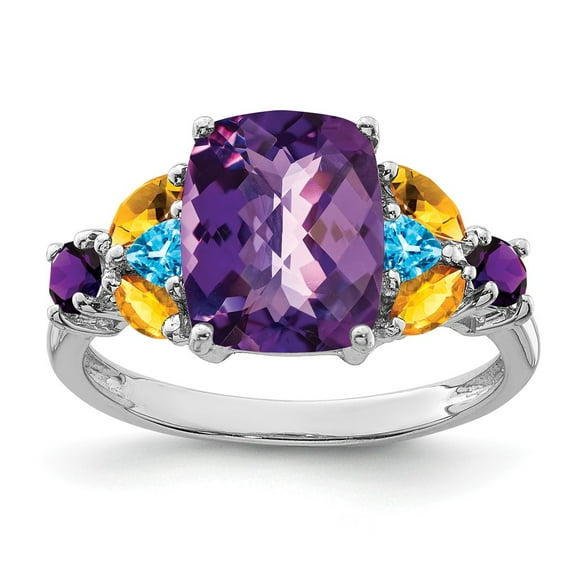 White Sterling Silver Ring Band Gemstone Amethyst Purple Round Citrine Yellow Swiss Blue Topaz