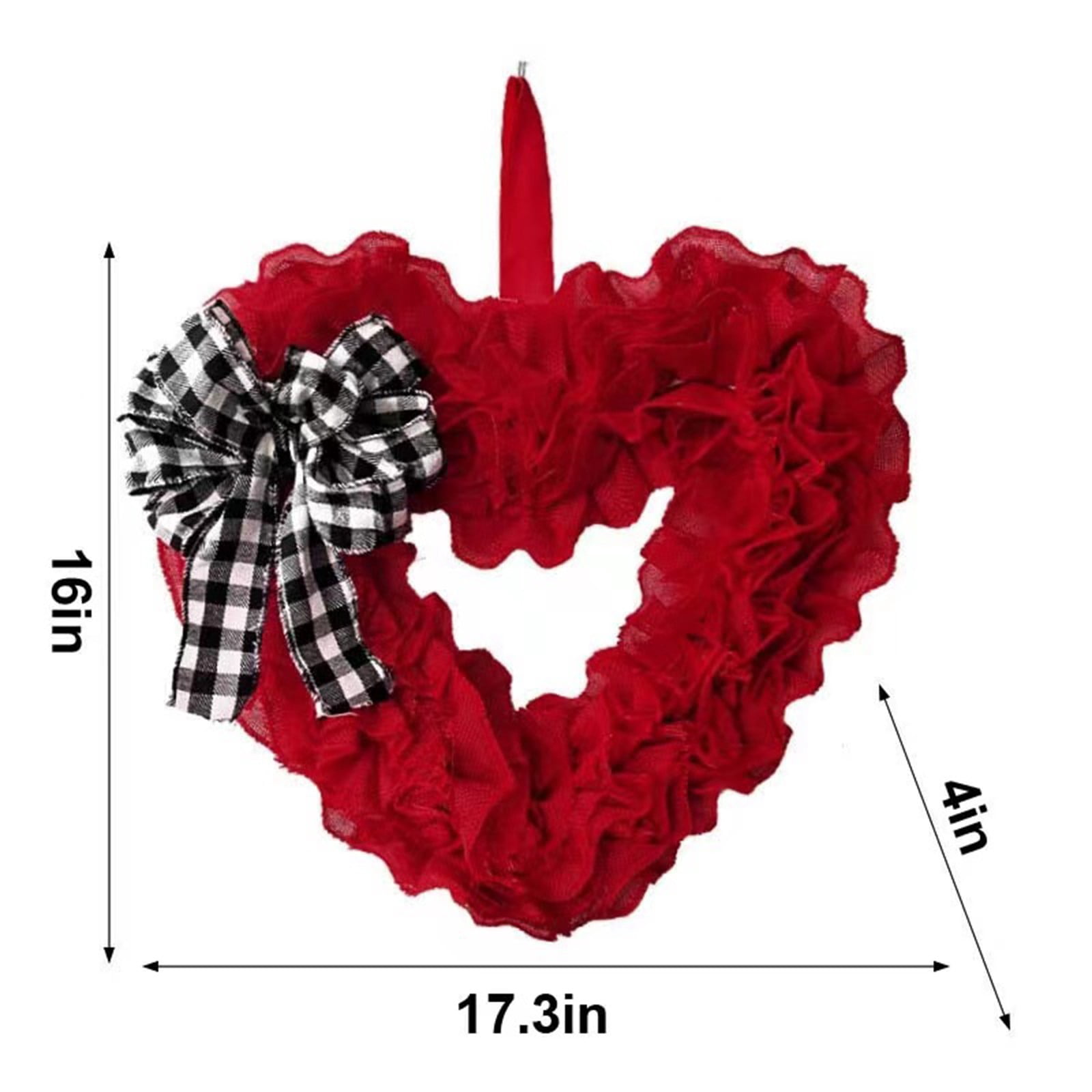 Red Heart Shaped Wreath Valentine's Day 15.7in Plaid Bowknot Front Door Artificial Garland for Home Farmhouse Indoor Outdoor