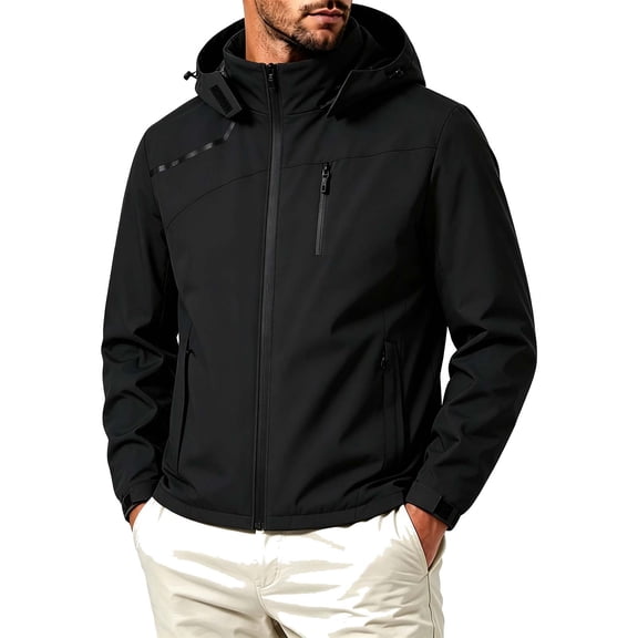 Jessboyy Mens Windbreaker Jacket Waterproof Hooded Zip up Rain Shell Jackets with Pockets Trendy Raincoats for Outdoor Hiking Cycling Work Casual Black,M