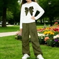 thumbnail image 2 of Girls 2 Piece Casual Outfit Set, Bow Print Long Sleeve Top and Cargo Flare Pants, Comfortable Summer Clothes for Children Daily | Akmoler,Army Green 14-15 Years, 2 of 8