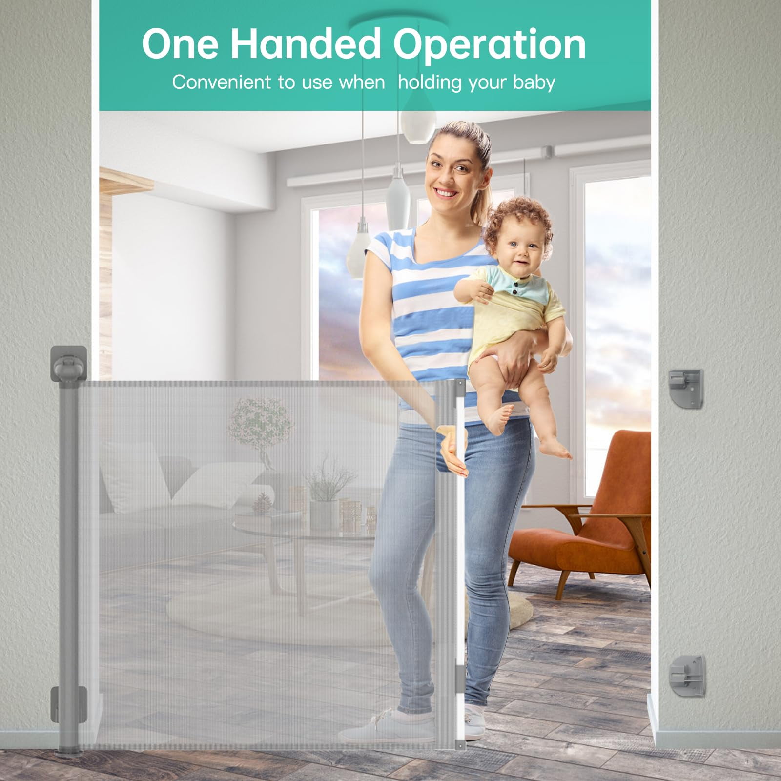 Sunnycome Retractable Baby Gate,Mesh Dog Gate,33"Tall Extends up to 63" Wide,Child Safety Gate for Doorways,Stairs,Hallways,Indoor Outdoor Gray