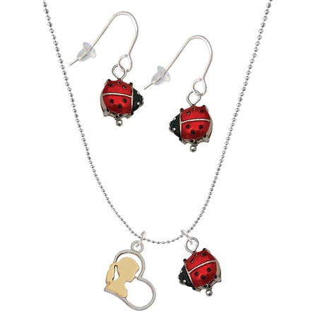 Delight Jewelry Two-tone Girl Silhouette in Heart Red Lucky Ladybug Necklace and Dangle Earrings Set