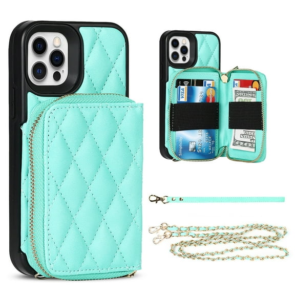 Wallet Case for iPhone 12 Pro Max, Shockproof Crossbody Strap Zipper Purse Case Card Holder with Kickstand Detachable Wrist Strap, 6.7 inch for iPhone 12 Pro Max,Green