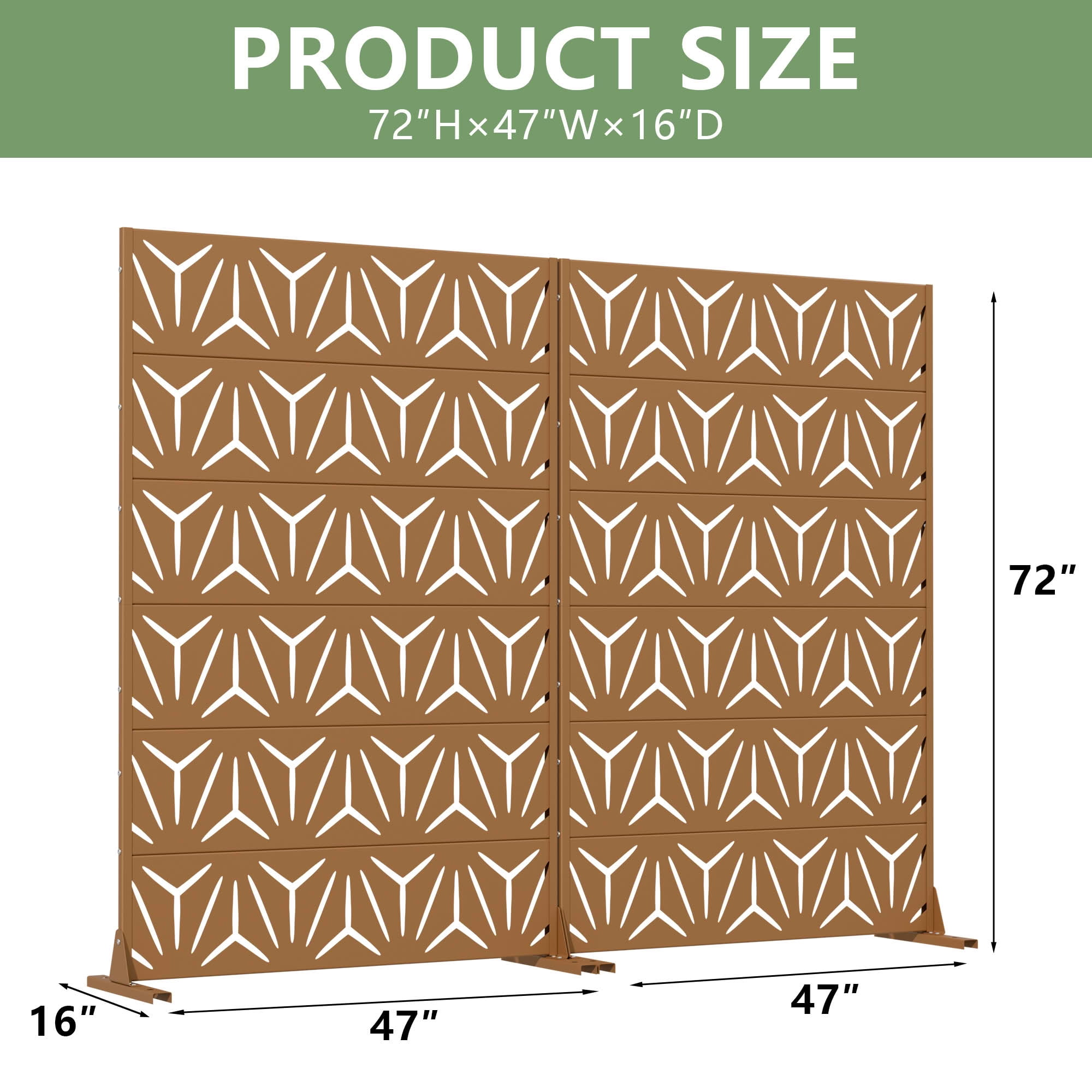 MAYEERTY 2-Piece Outdoor Metal Privacy Screen 6ft × 4ft Brown, 6-Panel Geometric Y-Pattern Decorative Screen for Garden
