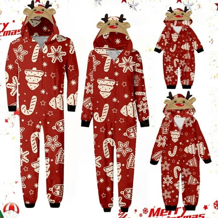 

shucnskos Kids Christmas Pajamas Kids Casual Christmas Parent Child Outfit Printed Pajamas Jumpsuit Home Outfit Hooded Jumpsuit Red Children s Chemical Fiber Jumpsuit