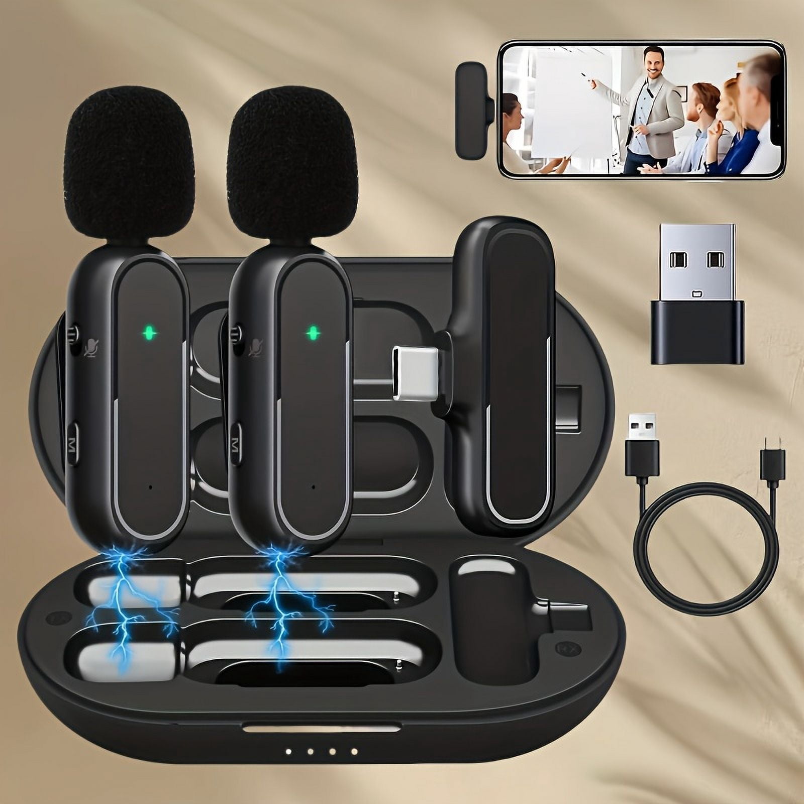 2 professional wireless collar microphone, noise reduction plug and play, suitable for Android, iPhone, iPad, including adapters, suitable for live broadcast, recording, Vlog, wireless microphone.