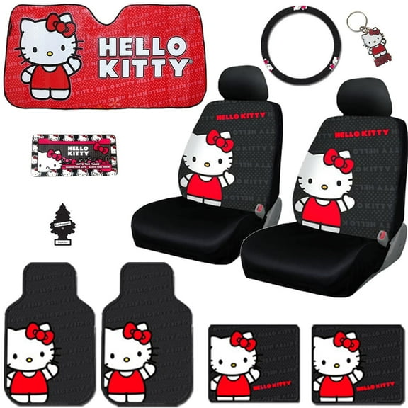 New Hello Kitty Core Car Accessories Seat Covers, Steering Wheel Cover, Front and Rear Floor Mats and Bundle Set