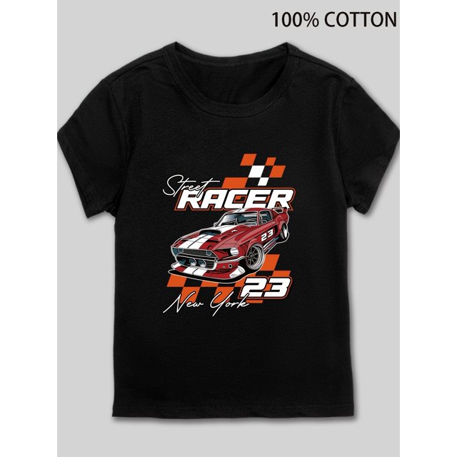 Camiseta de algodón de verano para niños: camiseta gráfica de carreras callejeras con cuello redondo y estampado New York 23, top informal de punto con ligera elasticidad, corte regular, manga corta