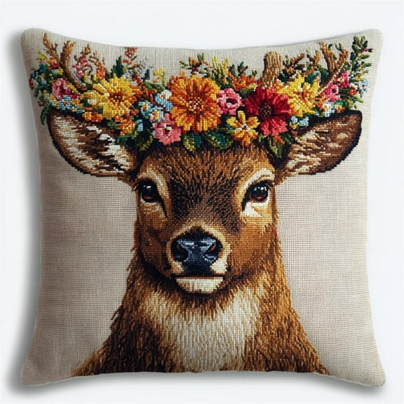 Latch Hook Kits For Adults Beginners Deer Wearing A Flower Wreath 17X17 In Diy Crochet Pillow Kit Pre-Printed Pillowcase Hook And Latch Rug Kits Needlework Cushion Cover For Home Sofa Decora