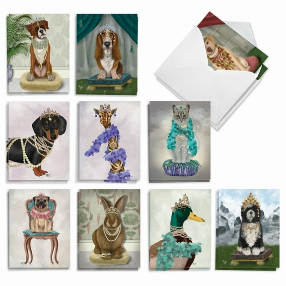 The Best Card Company 20 Assorted Blank Notecards Box Set 4 x 5.12 Inch with Envelopes (10 Designs, 2 Each) Crowned Creatures - Dog AM2825OCB-B2x10